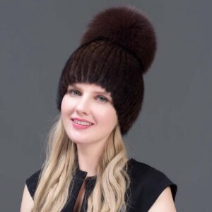 Zimowa damska Czapka futrzana z pomponem z norki oraz lisa naturalnego